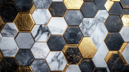 A seamless pattern of white marble, black marble, and gold leaf hexagonal tiles. The pattern is sophisticated, luxurious, and geometric, creating a sense of modern elegance.