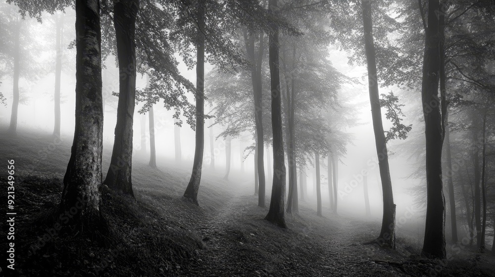Poster a solitary path winds through a dense forest shrouded in ethereal mist, symbolizing mystery, adventu