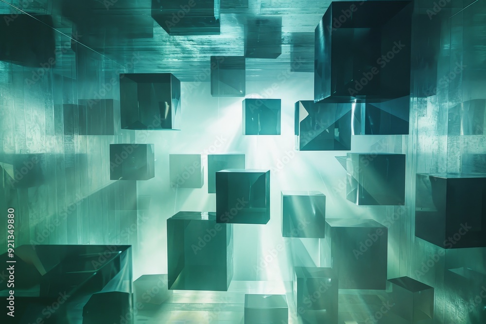 Poster abstract depiction of various cubes suspended in a room, creating a surreal and geometric visual, lu