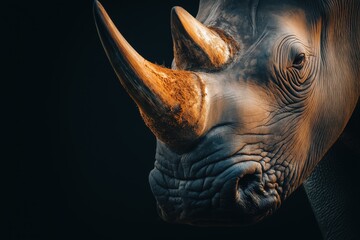 Obraz premium Photo of a rhino isolated against a black background, emphasising the rhino's majestic features. Wildlife and conservation concept, space for copy.