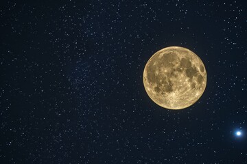 Fototapeta premium A full moon shines brightly next to a small star in the night sky, Luminous glow of a full moon against a starry sky
