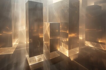 Transparent glass cubes arranged in a room, creating a modern and geometric display, Luminous shapes hovering in a void