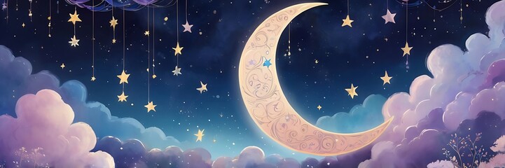 Fototapeta premium Crescent moon with floral, star, and cloud design. Ideal for celestialthemed designs and products like calendars, stationery, and posters