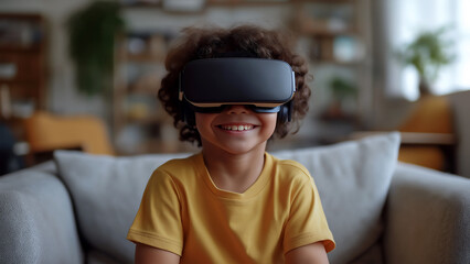 Young boy sitting on the couch wearing VR glasses, watching an interactive video game in virtual reality. She is smiling and having fun while exploring different worlds through her headset.