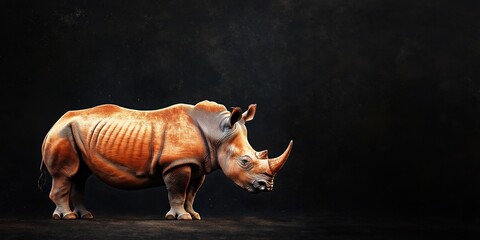 Photo of a rhino isolated against a black background, emphasising the rhino's majestic features. Wildlife and conservation concept, space for copy.