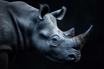 Fototapeta premium Photo of a rhino isolated against a black background, emphasising the rhino's majestic features. Wildlife and conservation concept, space for copy.
