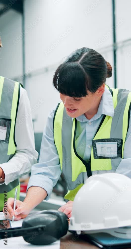 Aufkleber Writing, planning and talking of women, warehouse and discussion of mechanical engineer with app. Tablet, notes and teamwork in factory, people and reading of information and online for programming