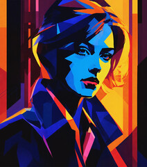 Portrait of a beautiful young woman in profile. Vector illustration,fashion woman portrait,bold neon colors, cartoon style illustration of a woman splash art, splashed neon colors.