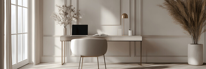 Interior design banner with stylish home office, sleek desk, laptop, soft background, space for text