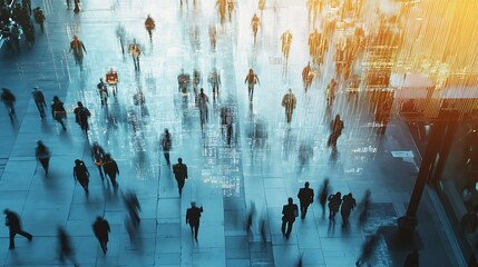 people walking leaving data trails behind, many different people, busy sidewalk, ultra realistic, 4K wide angle,