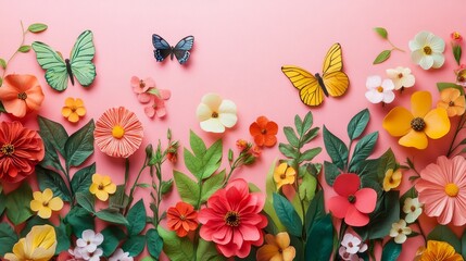 Colorful paper flowers and butterflies arranged on a pink background, symbolizing nature, beauty, spring, new beginnings, and joy.