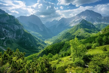 Fototapeta premium A scenic view of a lush valley nestled between imposing mountains in the background, Lush valleys nestled between imposing mountain ranges