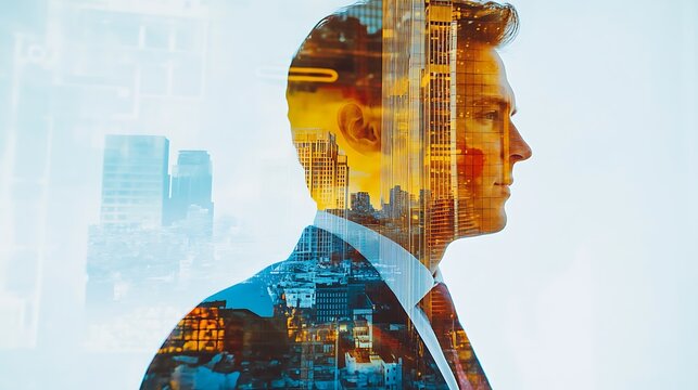 investor and graph double exposure photography of businessman and beautiful city, blue and yellow and red colors, on white background, stock photo,
