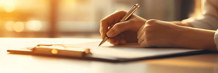 Medicine banner with doctor writing on clipboard, warm tones, soft background, space for text