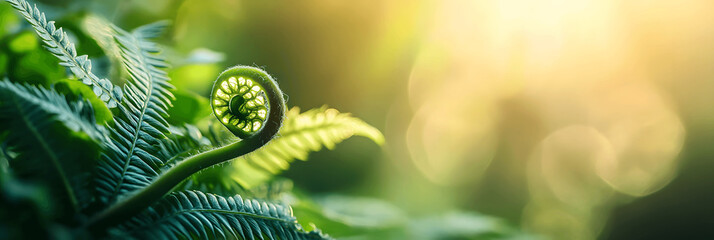 Nature banner with delicate fern unfurling, soft background, warm lighting, space for text