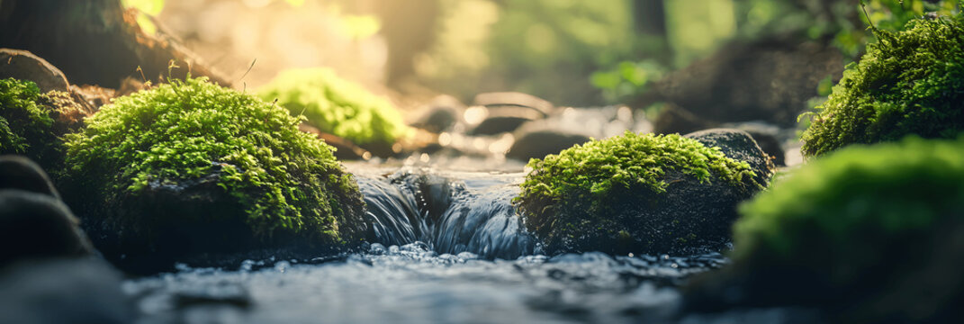 Nature banner with moss-covered rocks in forest stream, soft background, space for text