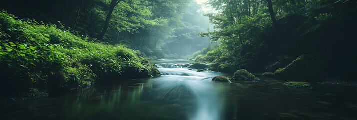 Naklejka premium Nature-themed banner with tranquil river in lush forest, minimalist design, space for text