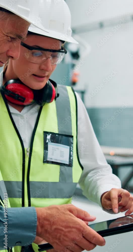 Poster Machine, team and online with tablet in factory for design review, software development and manage configuration. Engineers, robotics facility and people with technical manual and system diagnostics.