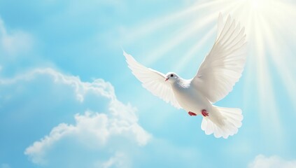 white dove flies against the background of clouds
