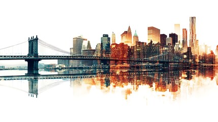Fototapeta premium Golden hour paints urban canvas with skyscraper silhouettes, reflecting in tranquil water