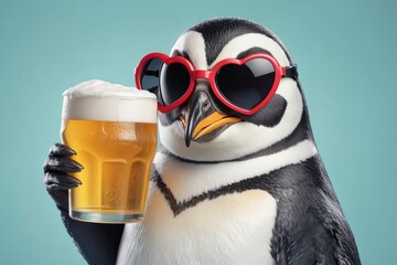 A penguin wearing red heart-shaped sunglasses holds a glass of beer with a frothy head, showcasing fun and whimsy.