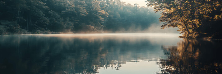 Fototapeta premium Parks-themed banner with tranquil lake, reflections of trees, soft lighting, minimalist design, room for text on the side