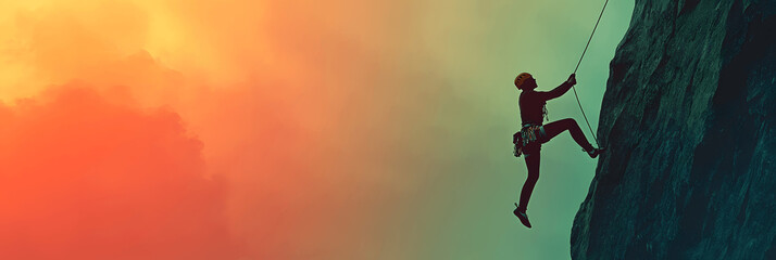 Recreation-themed banner with silhouette of person rock climbing, soft gradient sky, space for copy at the top
