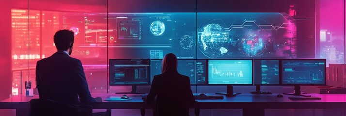 Two cybersecurity professionals analyze data on multiple screens in a high-tech command center, showcasing network monitoring, data analysis, and cybersecurity solutions.