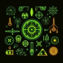 Fototapeta premium Green futuristic schematic of scientific tools on a black background