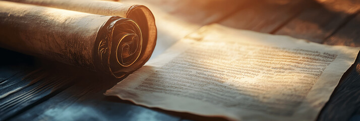 Religion-themed banner with Torah scroll partially unrolled, close-up, soft shadows, space for text on the right