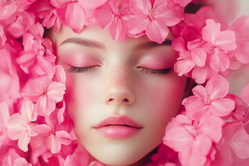 A serene beauty enveloped in vibrant pink flowers, creating a dreamy atmosphere of tranquility and peace