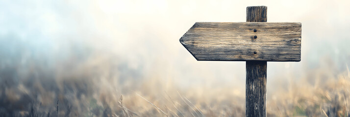 Naklejka premium Signs banner with close-up of vintage wooden signpost, soft background, space for text on the right