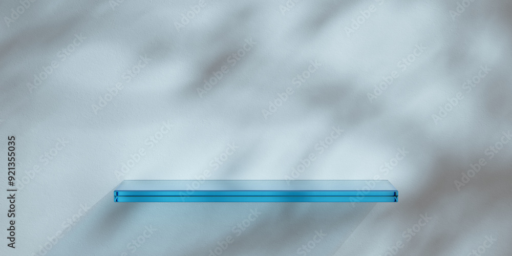 Poster white minimalist wall with glass shelf for product presentation. empty room with shadows of tree lea