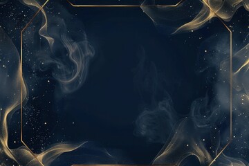 A dark navy blue background with a gold hexagonal frame for the text, with swirling smoke and dust Generative AI