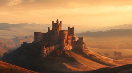 Obraz premium A warm sandstone castle glowing in the golden hour light, with rolling hills and amber skies in the background -