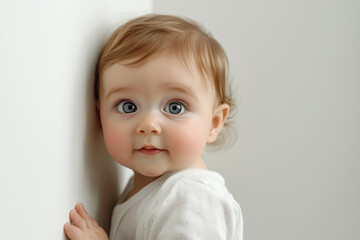 Naklejka premium Curious baby with big blue eyes stands by a white wall in a softly lit room, exploring the world around them