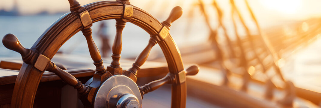 Transportation banner with close-up of ship's wheel on boat deck, soft gradient background, space for text on the right