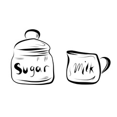 Line drawing. Line art sugar jar and milk and cream jug. Vector minimalistic design.
