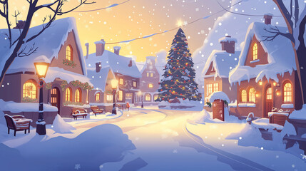 Obraz premium A charming village square blanketed in snow, adorned with cozy cottages topped with white roofs and a beautifully decorated Christmas tree.