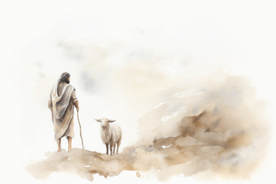 Shepherd Jesus Christ Taking Care of One Missing Lamb Watercolor Illustration