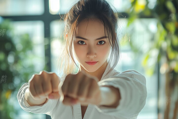 A young woman practicing taekwondo punches in a sunlit dojo surrounded by greenery