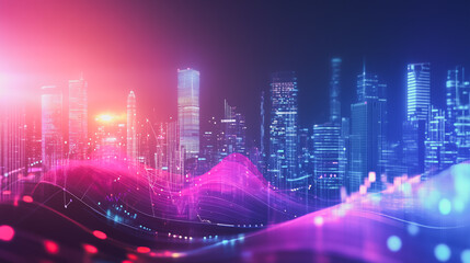 Smart digital city with connection network that is at the cutting edge of innovation in technology and business with bright, modern skyscrapers. Backgrounds for technology and charts and graphs