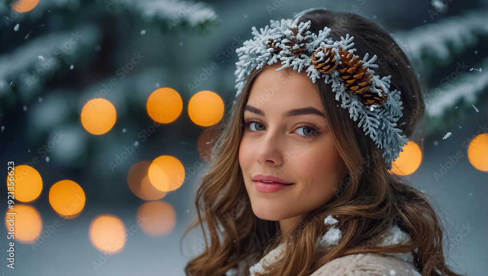 Sticker Beautiful young woman with Christmas decorations