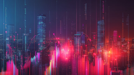 Fototapeta premium Smart digital city with connection network that is at the cutting edge of innovation in technology and business with bright, modern skyscrapers. Backgrounds for technology and charts and graphs