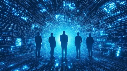 A group of business leaders are standing in a digital tunnel, symbolizing their journey into the future of technology. The blue and white lights represent the digital world
