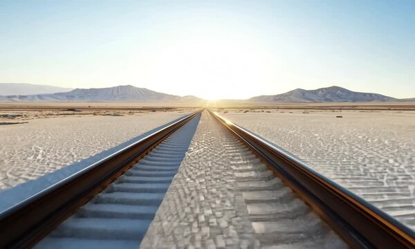 The railway tracks along the vast salt desert expanses create a distinct line in the white, almost endless desert.
