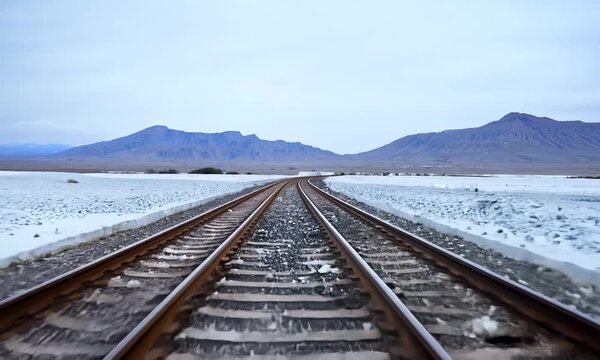 The railway tracks along the vast salt desert expanses create a distinct line in the white, almost endless desert.
