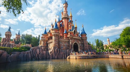 Fototapeta premium A vibrant red brick castle with towering turrets, surrounded by a moat filled with sparkling water --