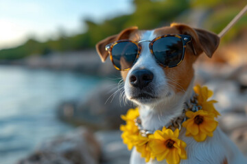 Cute Dog in Sunglasses and flowers
