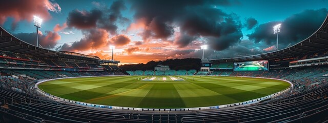 Empty Cricket Stadium at Sunset